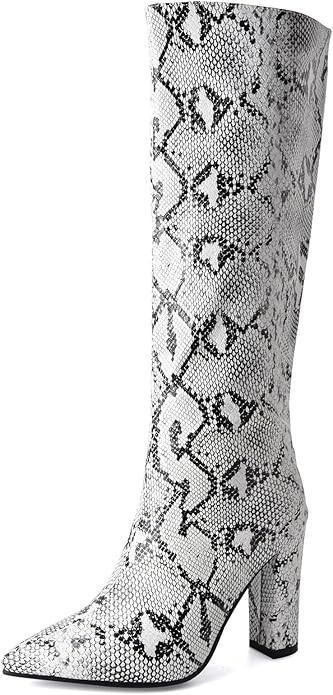 SHEMEE Women's Colorful Snakeskin Knee High Boot Chunky Block High Heels Snake Print Round Toe Zi... | Amazon (US)