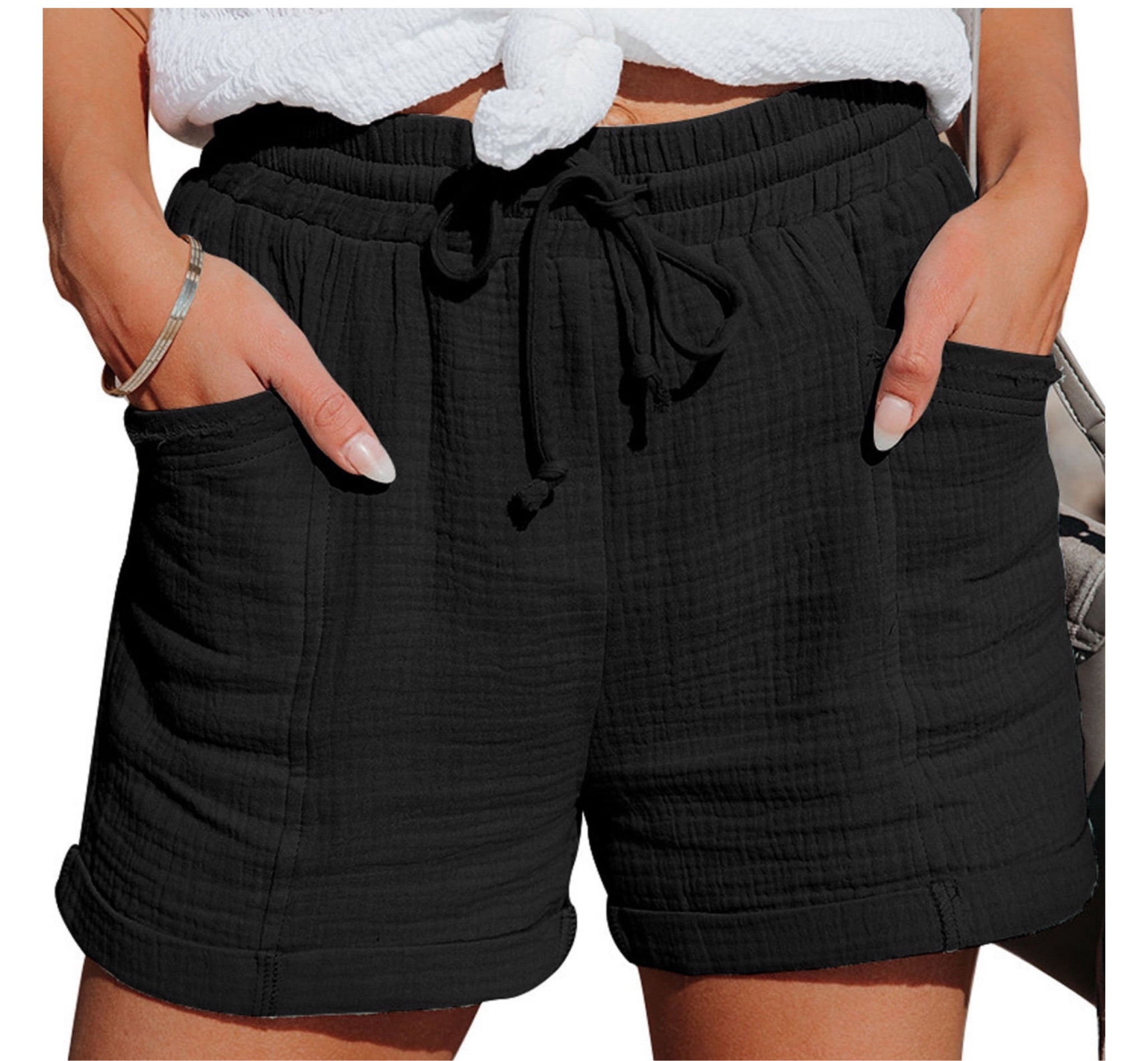 Women Summer Drawstring Elastic Waist Casual Solid Shorts Short Pants