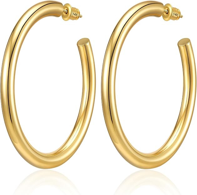 Hoop Earrings for Women, 14K Gold Plated/Silver Chunky Hoop Earring Hypoallergenic Sterling Silve... | Amazon (US)