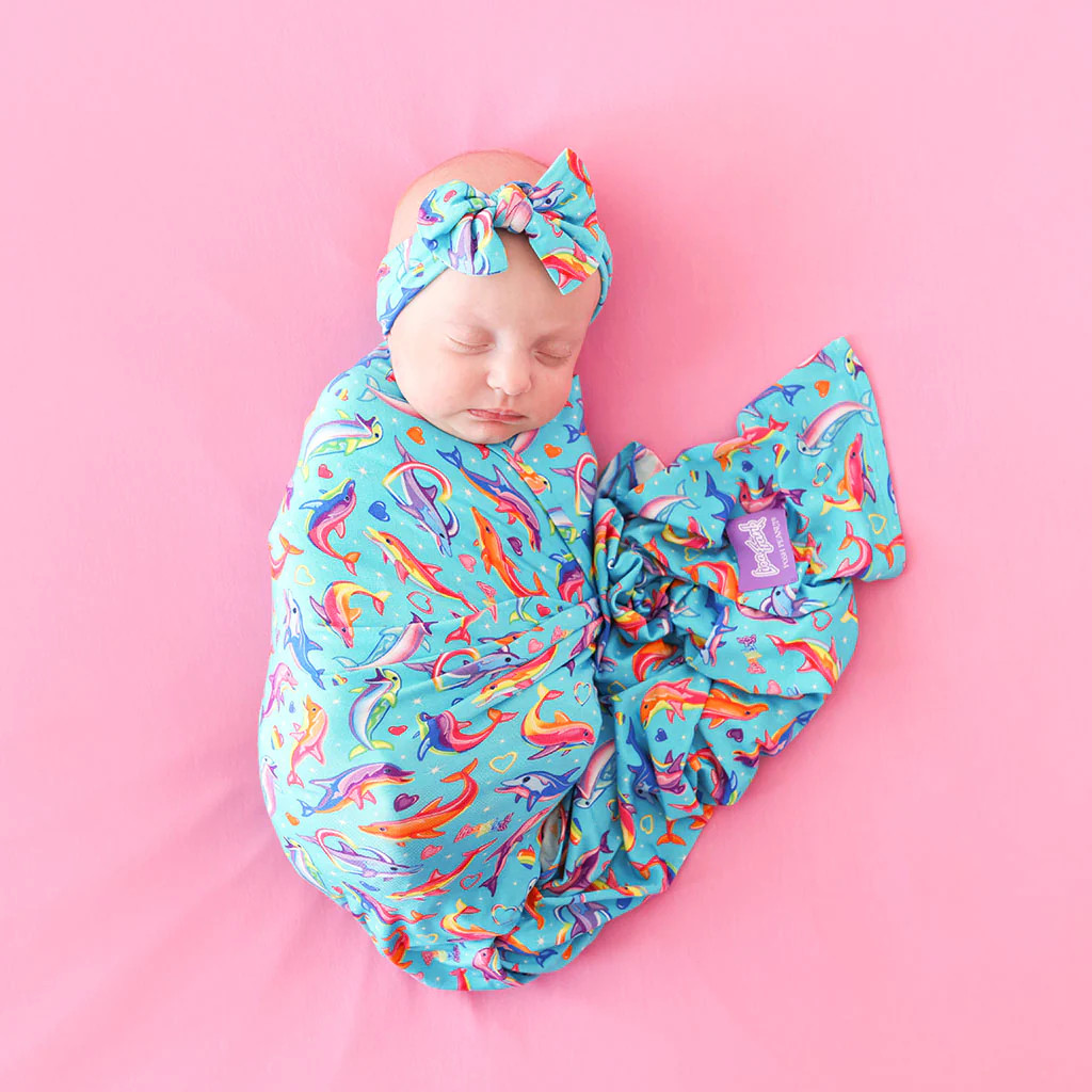Dolphins Blue Swaddle Headband Set | Lisa Frank® Dancing Dolphins™ | Posh Peanut