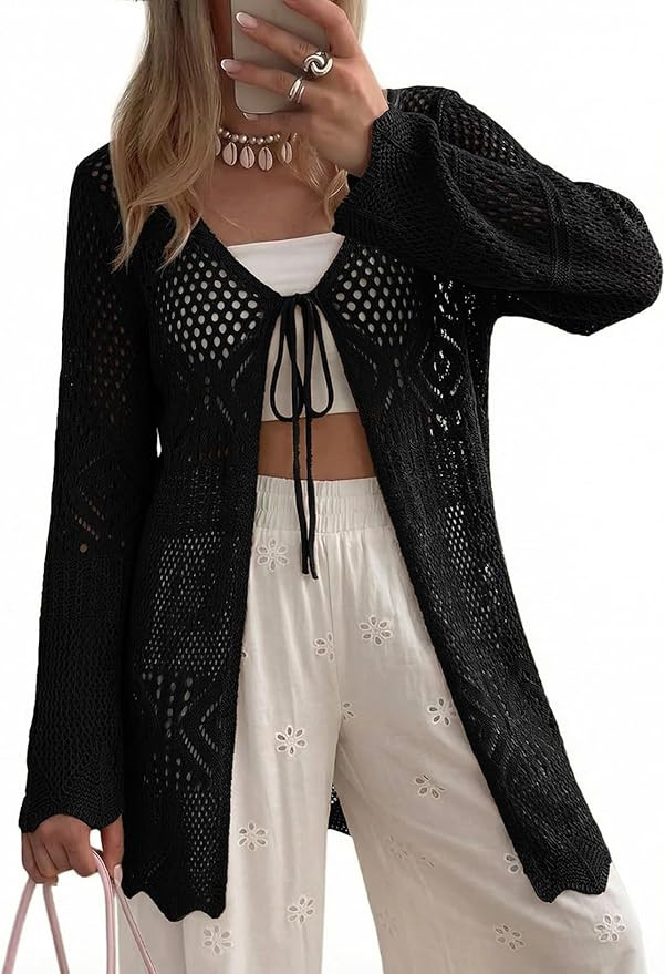 SHEWIN Crochet Cardigans for Women Long Sleeve Tie Front Bow Cardigan Sweaters Hollow Out Knit Su... | Amazon (US)