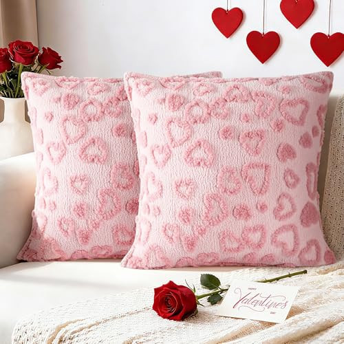 Zannaki Valentines Pillow Covers 18x18 inch Set of 2 Valentines Day Decoration Cute Heart Soft Plush Faux Fur Wool Jacquard Throw Cushion Cases for Bedroom Sofa Wedding Holiday Festivals Home Decor | Amazon (US)