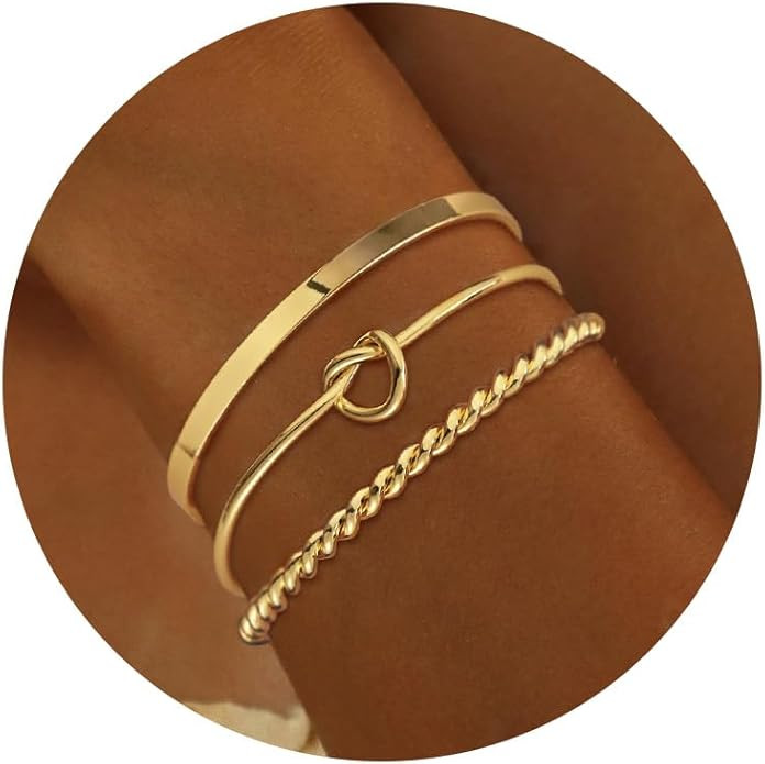 Gold Bracelets for Women, Dainty 14k Gold Plated Bangles Bracelet Set for Women Trendy Adjustable... | Amazon (US)