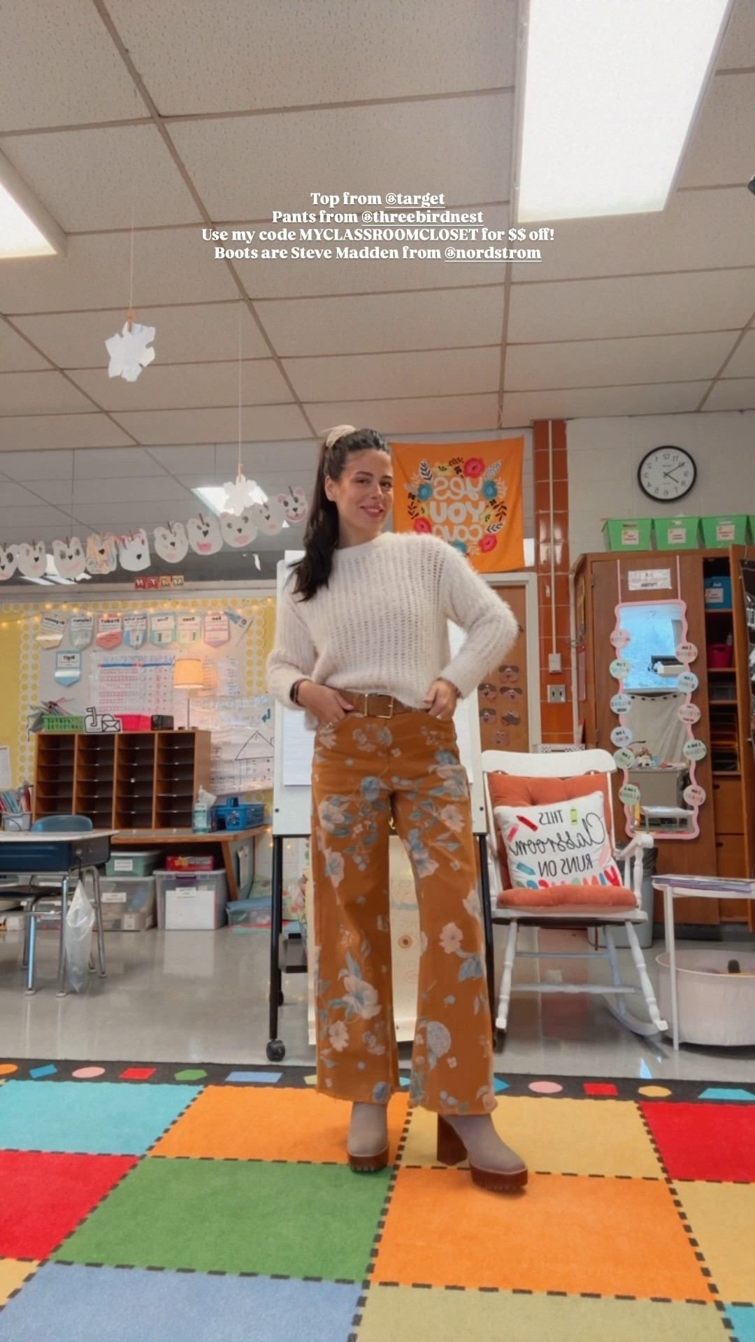 Neutral warm winter outfit! Love these floral pants- use my code MYCLASSROOMCLOSET for $$ off!!

#LTKgrwm #LTKootd