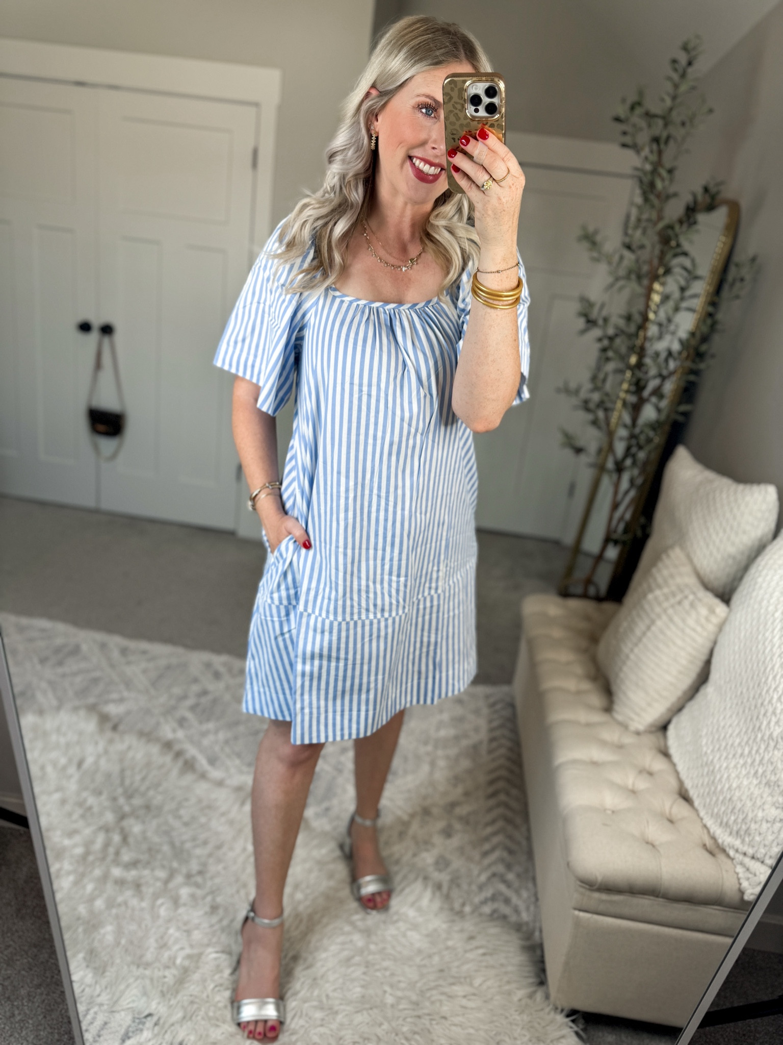 Weekend Walmart Wins try on
Striped dress- runs big!! Size down 
Metallic silver block heels 

#LTKShoeCrush #LTKxWalmart #LTKFindsUnder50