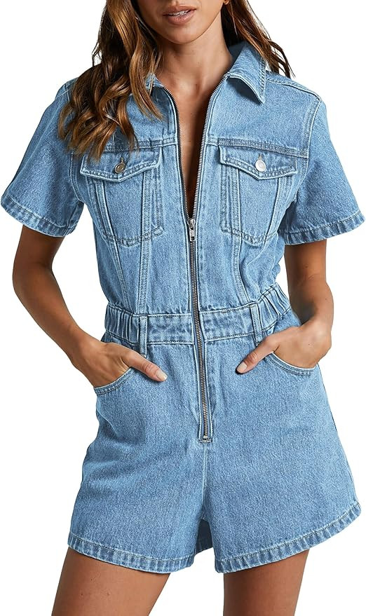 PLNOTME Womens Summer Denim Romper Short Sleeve Zip Up Utility Pockets Jean Jumpsuit Shorts | Amazon (US)