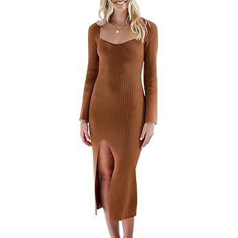 ANRABESS Women Long Sleeve Midi Dress Sweatheart Neck Slit Bodycon Ribbed Knit Slim Sweater Dress... | Amazon (US)