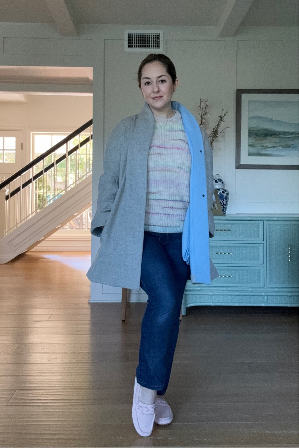 Kilte rainbow sweater, Alice Walk swing coat, Rothy’s braided loafers, classic jeans  

#LTKstyletip #LTKshoecrush #LTKSeasonal