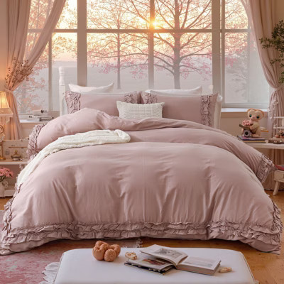 Cozy Cotton Duvet Cover Set – Soft Breathable 3-Piece Bedding with Double Ruffle Edge Bean pink Queen | Target