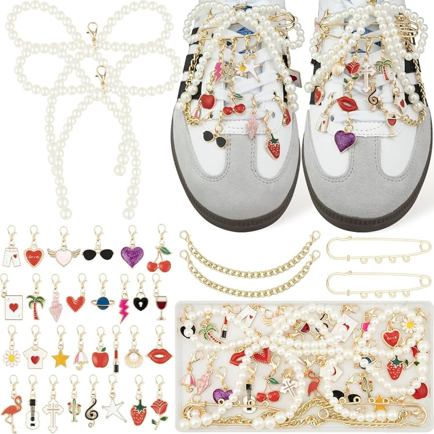 Deinduser 36 Pcs Shoe Charms Kit, Gold Flower Shoe Charms for Sneakers, Gold and Pearl Shoelace C... | Amazon (US)