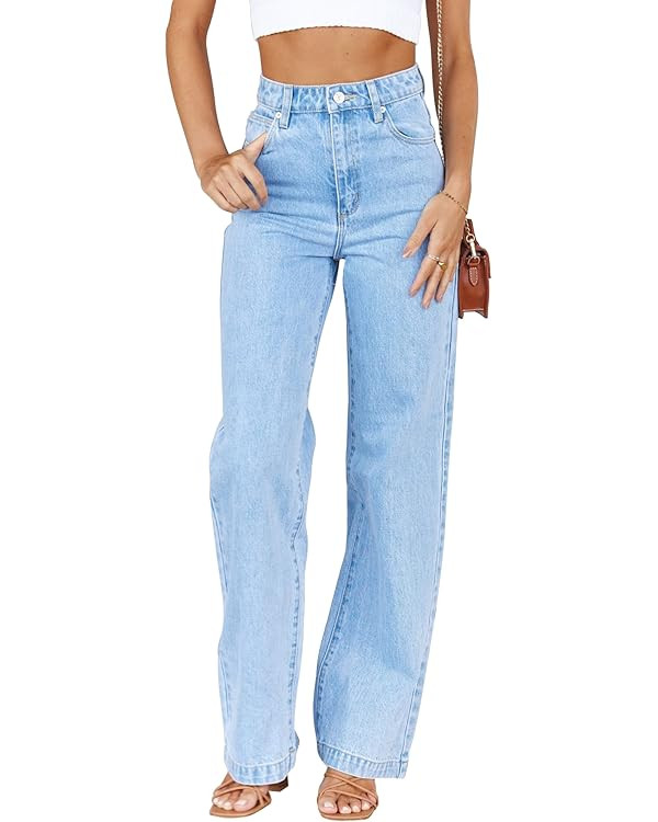 PLNOTME Women's High Waisted Jeans Boyfriend Baggy Straight Leg Casual Denim Pants | Amazon (US)