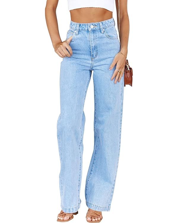 PLNOTME Women's High Waisted Jeans Boyfriend Baggy Straight Leg Casual Denim Pants | Amazon (US)
