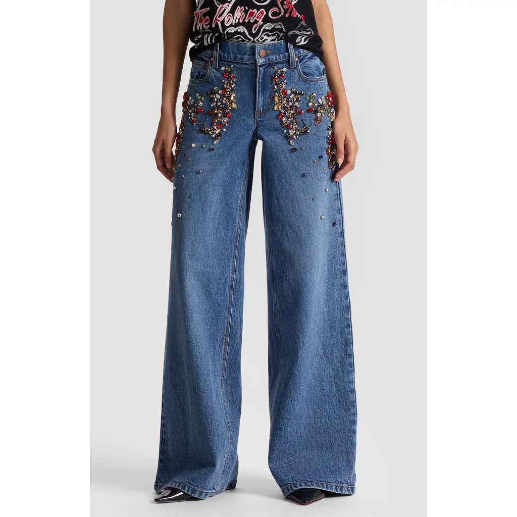 Alice + Olivia Amazing Crystal Detail Baggy Wide Leg Jeans in Brooklyn Blue at Nordstrom Rack, Size 26 | Nordstrom Rack