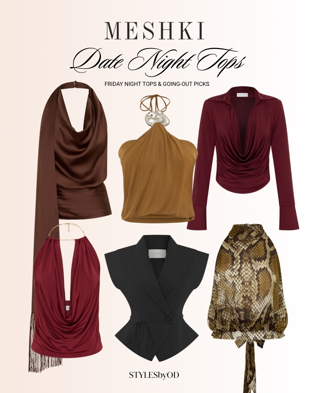 FRIDAY NIGHT PICKS🍸🌃

The ultimate going-out tops for the new season! From flowy chocolate brown satin to structured black vests and statement animal print, these pieces instantly upgrade any basic bottoms and are perfect for your next dinner date with the girls💃🏻✨

Tags: meshki tops date night picks friday night outfit going out tops fall fashion autumn outfits chic everyday elegance jeans and a nice top trending viral capsule wardrobe