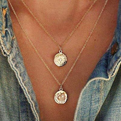 Yalice Double Layered Coin Necklace Chain Vintage Gold Disc Necklaces Boho Jewelry for Women and ... | Amazon (US)