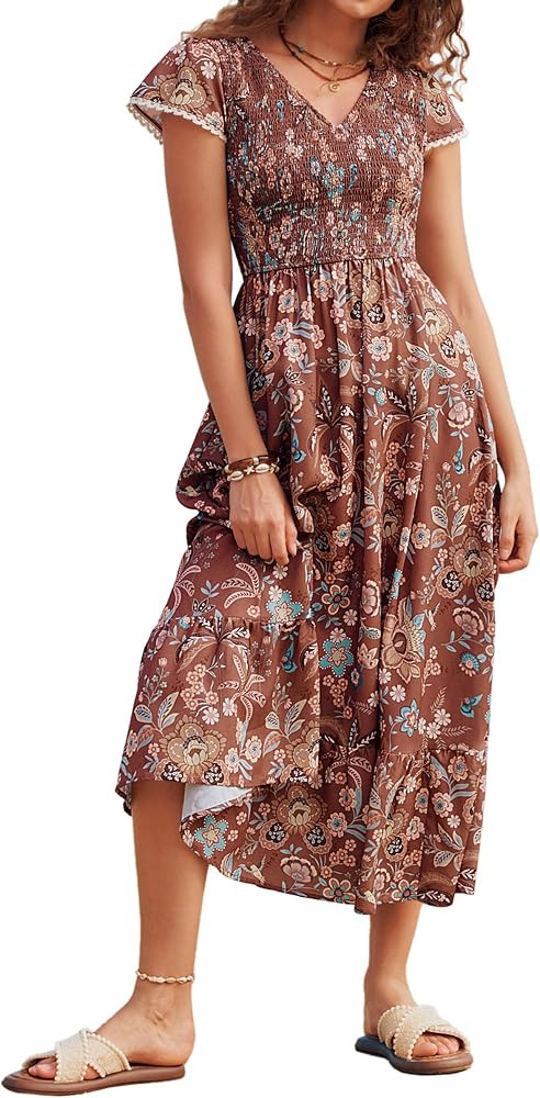 Kate Kasin Women Summer Floral Maxi Dresses 2026, V Neck Smocked Boho Sundress, Flowy Long Beach ... | Amazon (US)