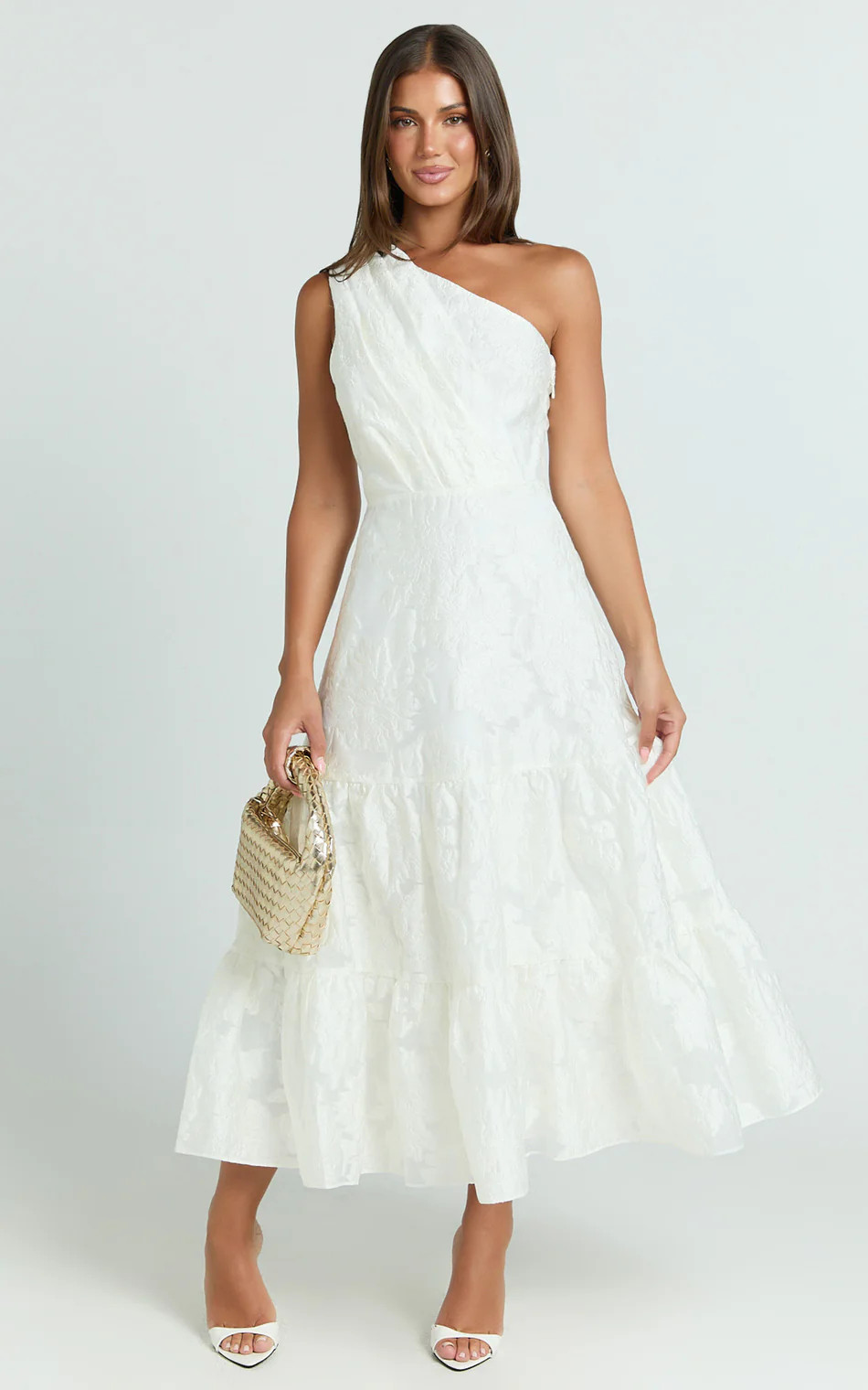 Nadette Midi Dress - One Shoulder Pleated Tiered Dress in White | Showpo (ANZ)