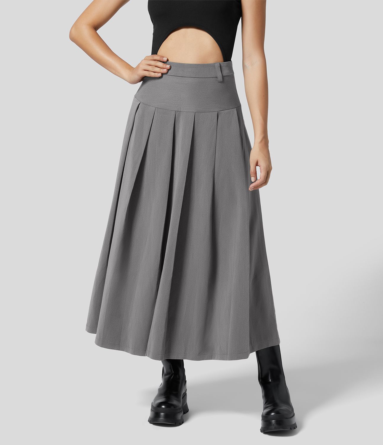 High Waisted Side Zipper Solid Pleated Casual Skirt | HALARA
