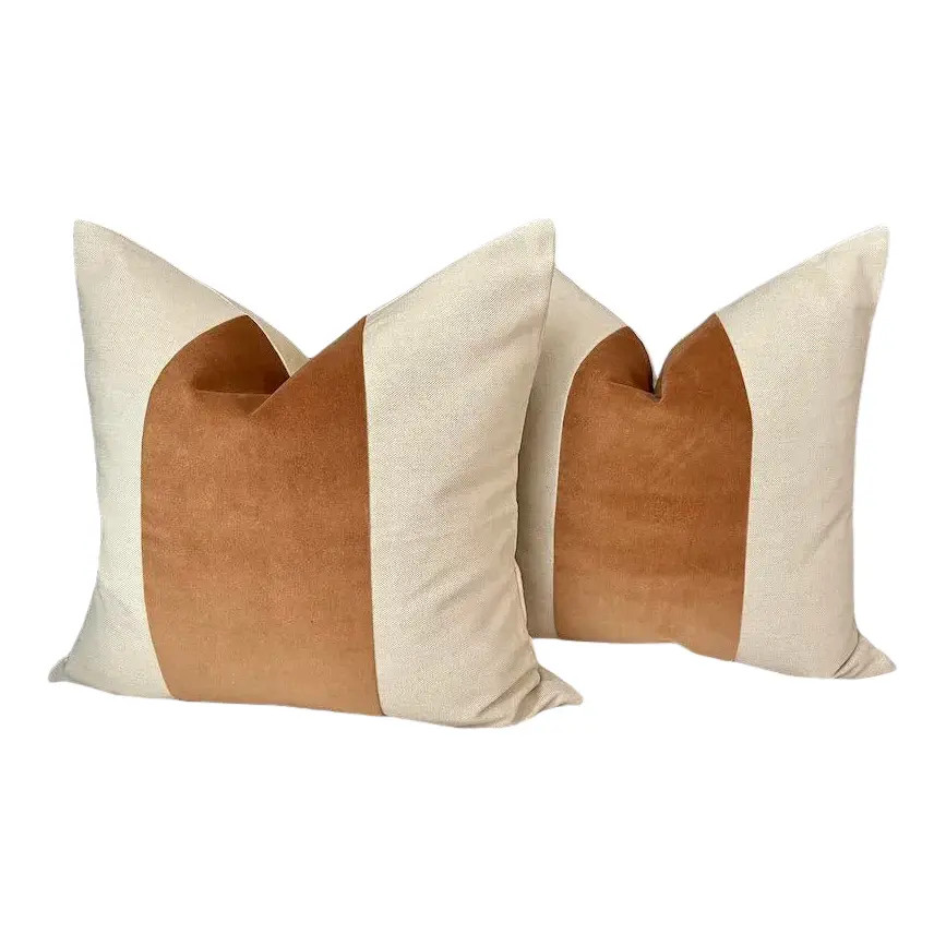 Custom Oatmeal Linen & Copper Mohair Stripe Pillows - a Pair | Chairish