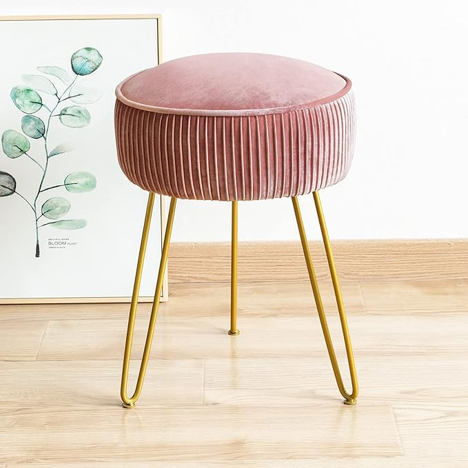 LUE BONA Mid Century Modern Velvet Upholstered Pleated Round Footrest Stool Ottoman with Metal Le... | Amazon (US)
