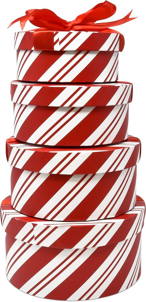 Gift Boutique Round Nesting Gift Boxes 4 Pack Red & White Candy Cane Design Christmas Stacked Coo... | Amazon (US)