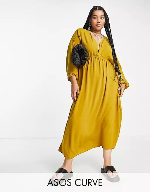 ASOS DESIGN Curve batwing sleeve elastic waist maxi dress in ocher | ASOS (Global)