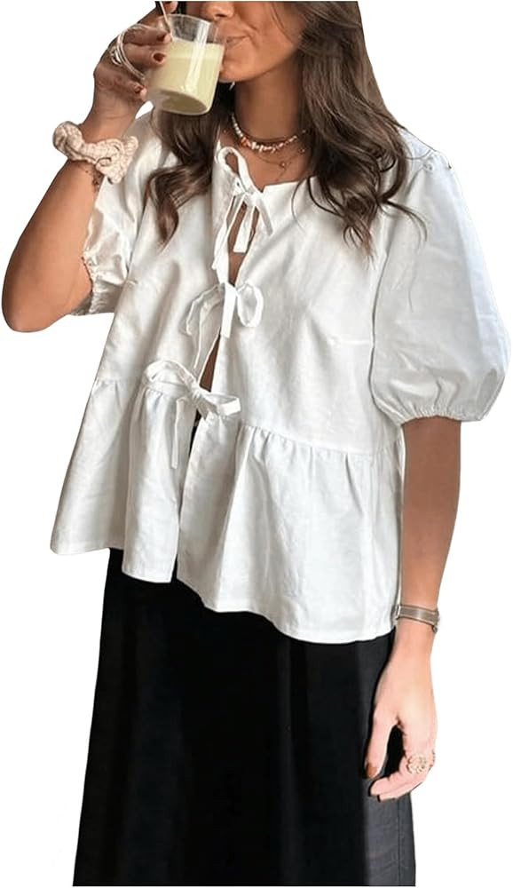 MakeMeChic Women's Tie Front Lantern Short Sleeve Tops Crew Neck Ruffle Blouse Shirts | Amazon (US)