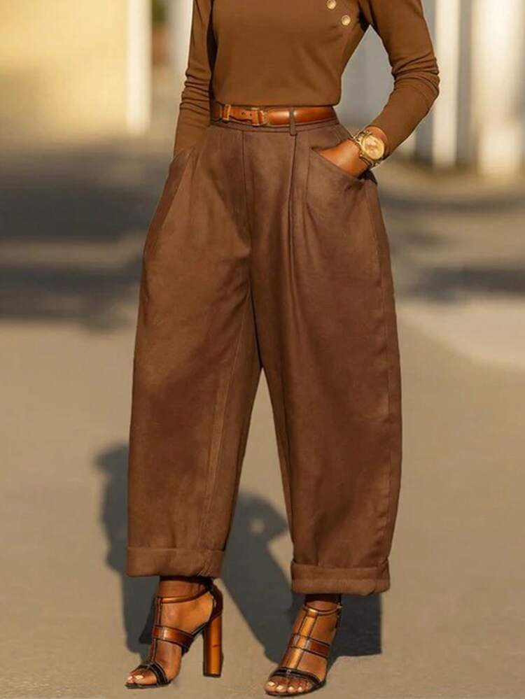 Women's Vintage Casual Solid Color Pleated Tapered Pants, Spring/Summer | SHEIN