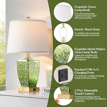 QiMH 23" Glass Table Lamps Set of 2, Bedside Lamp for Bedroom, Green | Amazon (US)