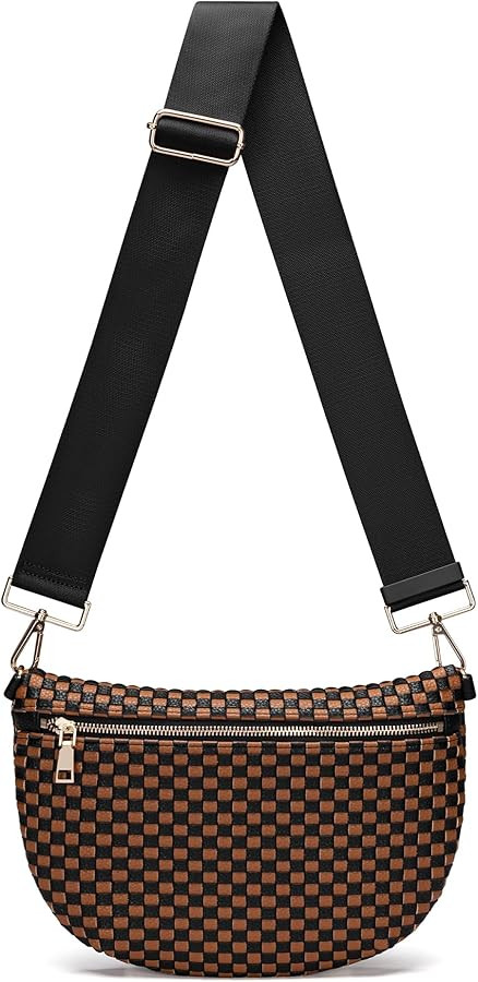 Woven Crossbody Bag Stylish Checkered Shoulder Bag for Women Vegan Leather Fanny Packs Bum Bag Sl... | Amazon (US)