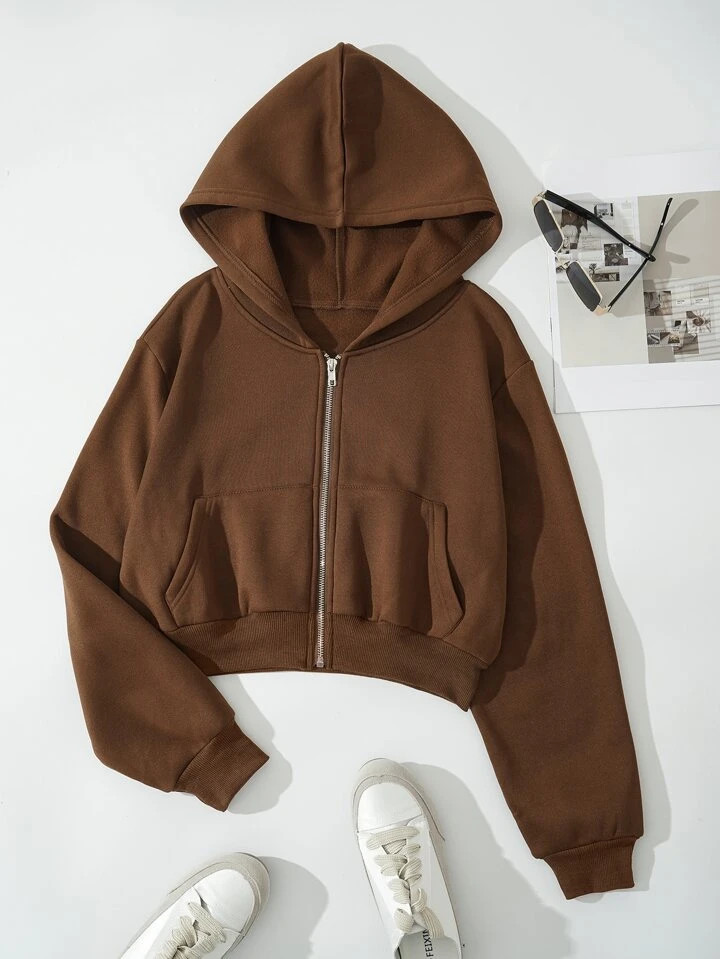 Solid Zip Up Drop Shoulder Thermal Lined Crop Hoodie | SHEIN