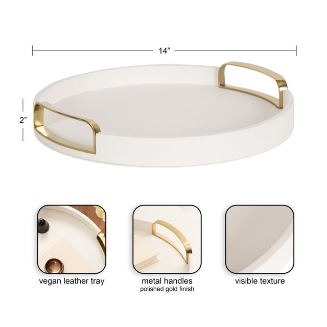 Kate and Laurel Valeska Decorative Vegan Leather Round Tray with Metal Handles, 14 x 14, Ivory an... | Walmart (US)