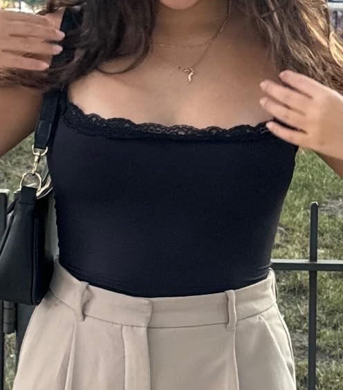 SUUKSESS Women Square Neck Lace Bodysuit Sleeveless Spaghetti Strap Tank Top | Amazon (US)