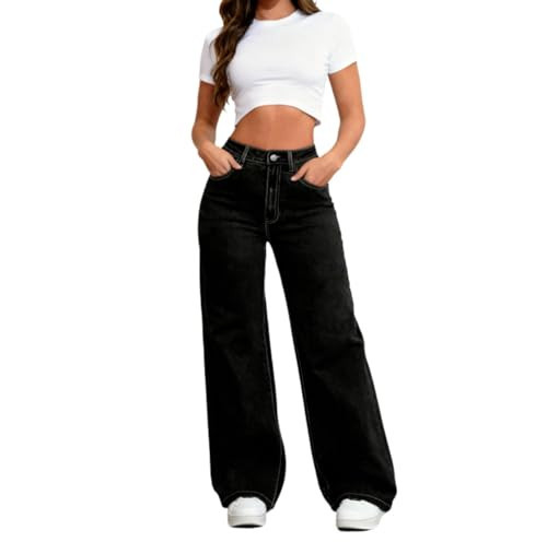 QERINTE Cuyulitcik Womens Plus Size Black Straight Leg Jeans High Waisted Wide Leg Jeans Stretch Baggy Denim Trendy Loose (US, Alpha, 3X-Large, Plus, Regular, BLACK-4A) | Amazon (US)