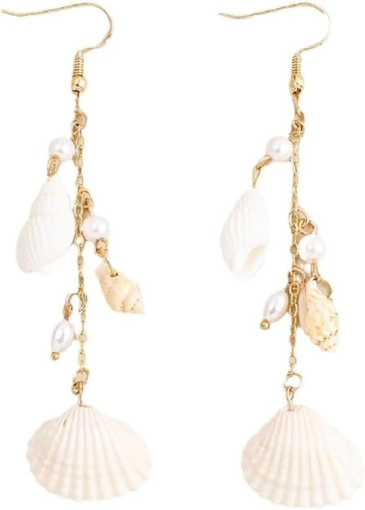Seashell Conch Dangle Earrings, Beach Shell Tassel Earrings for Women, Bohemian Pearl Seashell Lo... | Amazon (US)