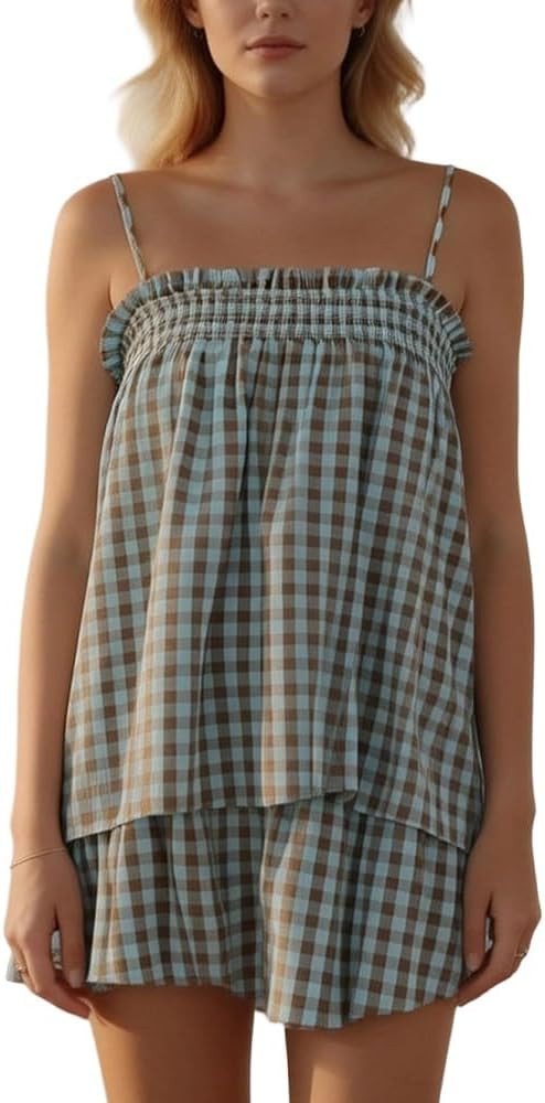 Adoeren Women Cute Plaid 2 Piece Lounge Set Y2k Spaghetti Strap Peplum Cami Top Shorts Babydoll P... | Amazon (US)