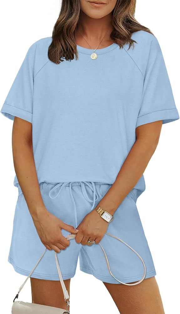 WIHOLL Two Piece Short Sets for Women Casual Summer Outfits Short Sleeve Crew Neck Lounge Matchin... | Amazon (US)