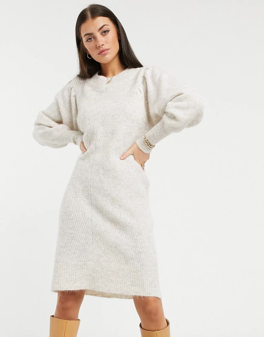Selected Femme knitted dress with exaggerated sleeved in cream-Beige | ASOS (Global)