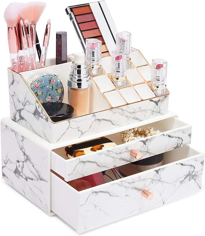 Marble Makeup Organizer, Cosmetic Storage with Drawer (9.5 x 5.5 x 9.5 in, 2 Pieces) | Amazon (US)