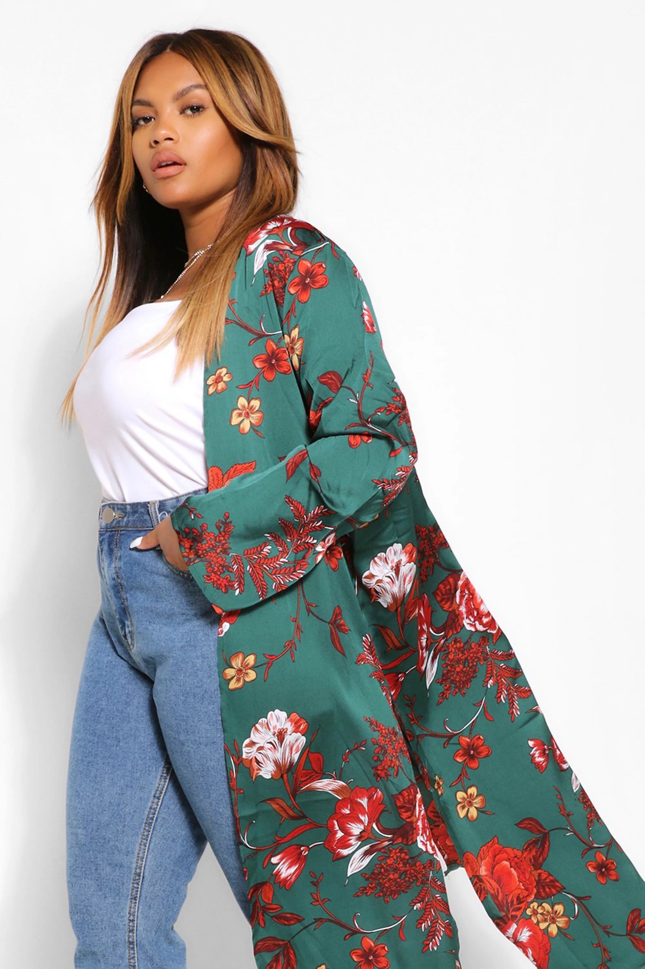 Plus Floral Satin Midi Kimono | Boohoo.com (US & CA)