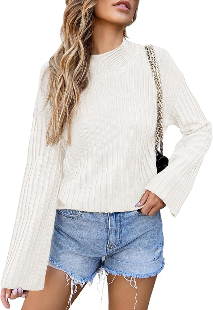 EVALESS Women Sweater Long Sleeve Mock Neck Oversized Ribbed Knit Pullover Winter Loose Fit Pleat... | Amazon (US)