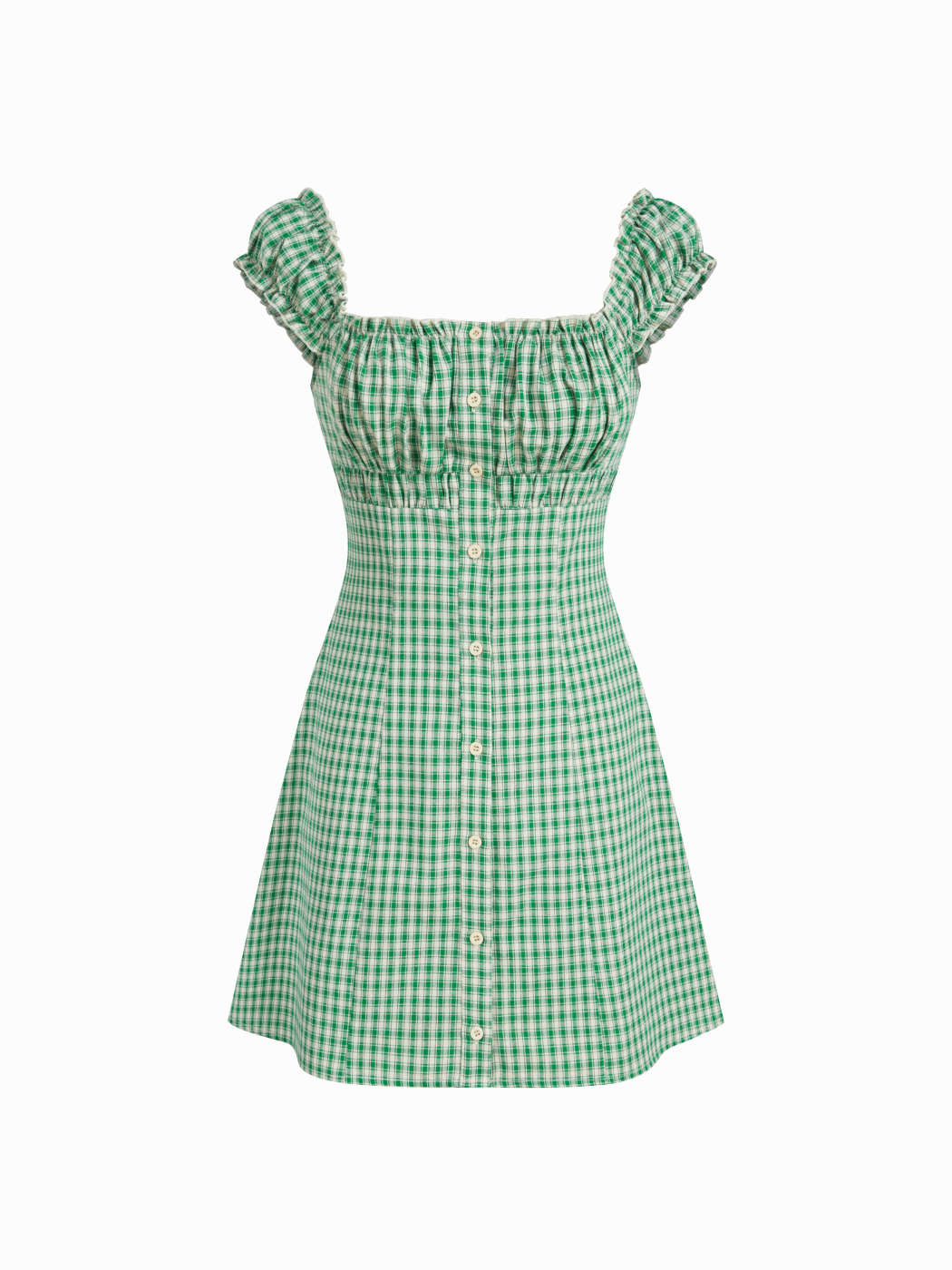 Woven Cotton-blend Square Neck Gingham Ruched Shirred Mini Dress For Daily Casual | Cider