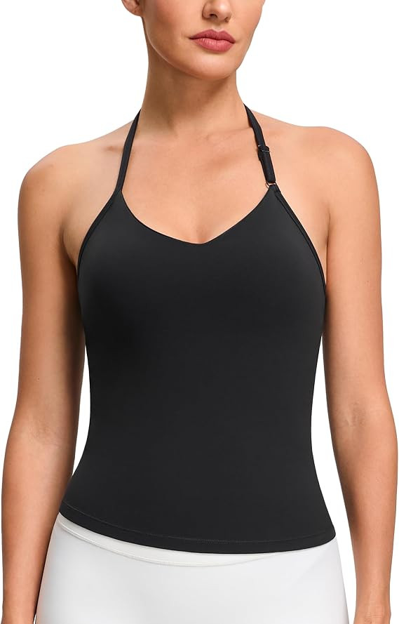 Colorfulkoala Dreamlux Halter Tank Top Backless V Neck Built-in Bra Adjustable Spaghetti Strap Wo... | Amazon (US)