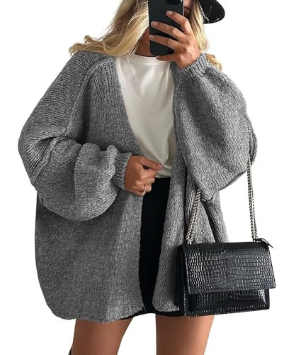 PRETTYGARDEN Womens Cardigan Sweaters 2025 Fall Trendy Long Lantern Sleeve Knitted Open Front Lightweight Sweater (Grey,Medium) | Amazon (US)