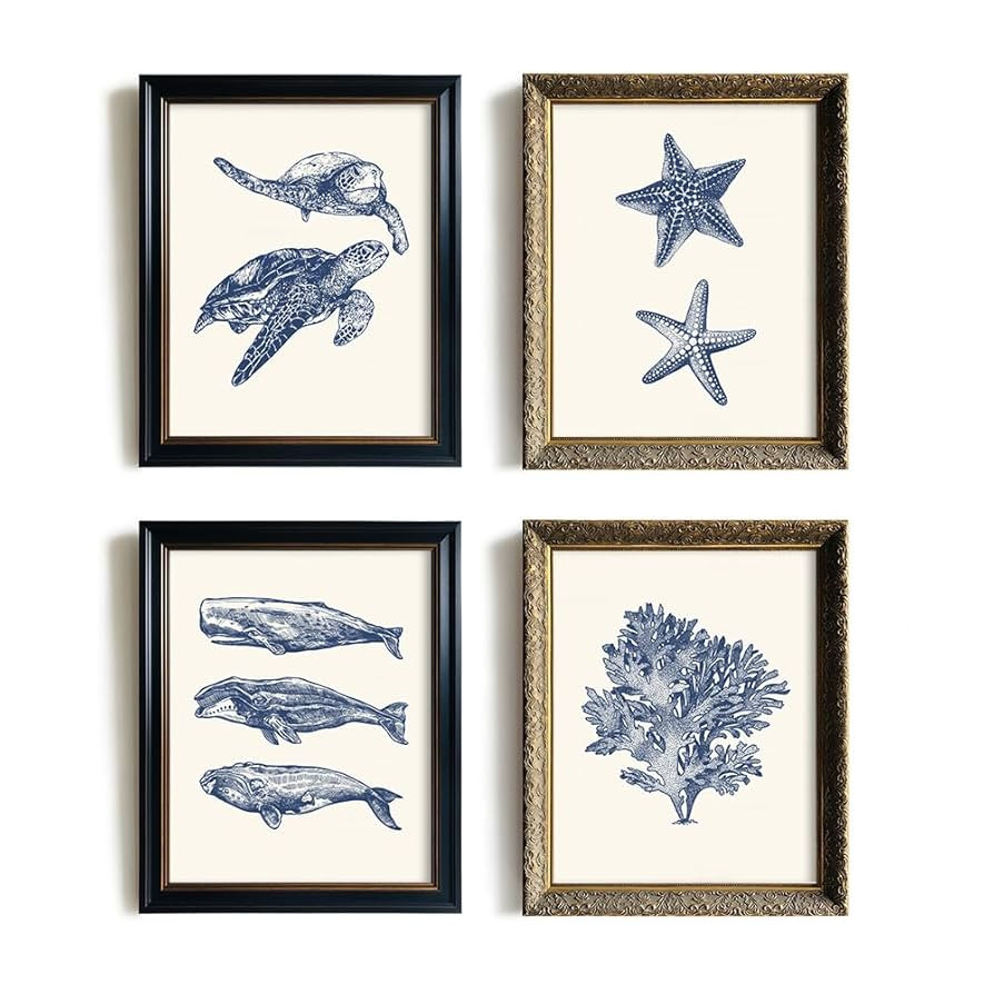 Navy Blue Nautical Themed Wall Art - 11x14 Starfish Turtle Grass Whale Poster Print - Beige Ocean... | Amazon (US)