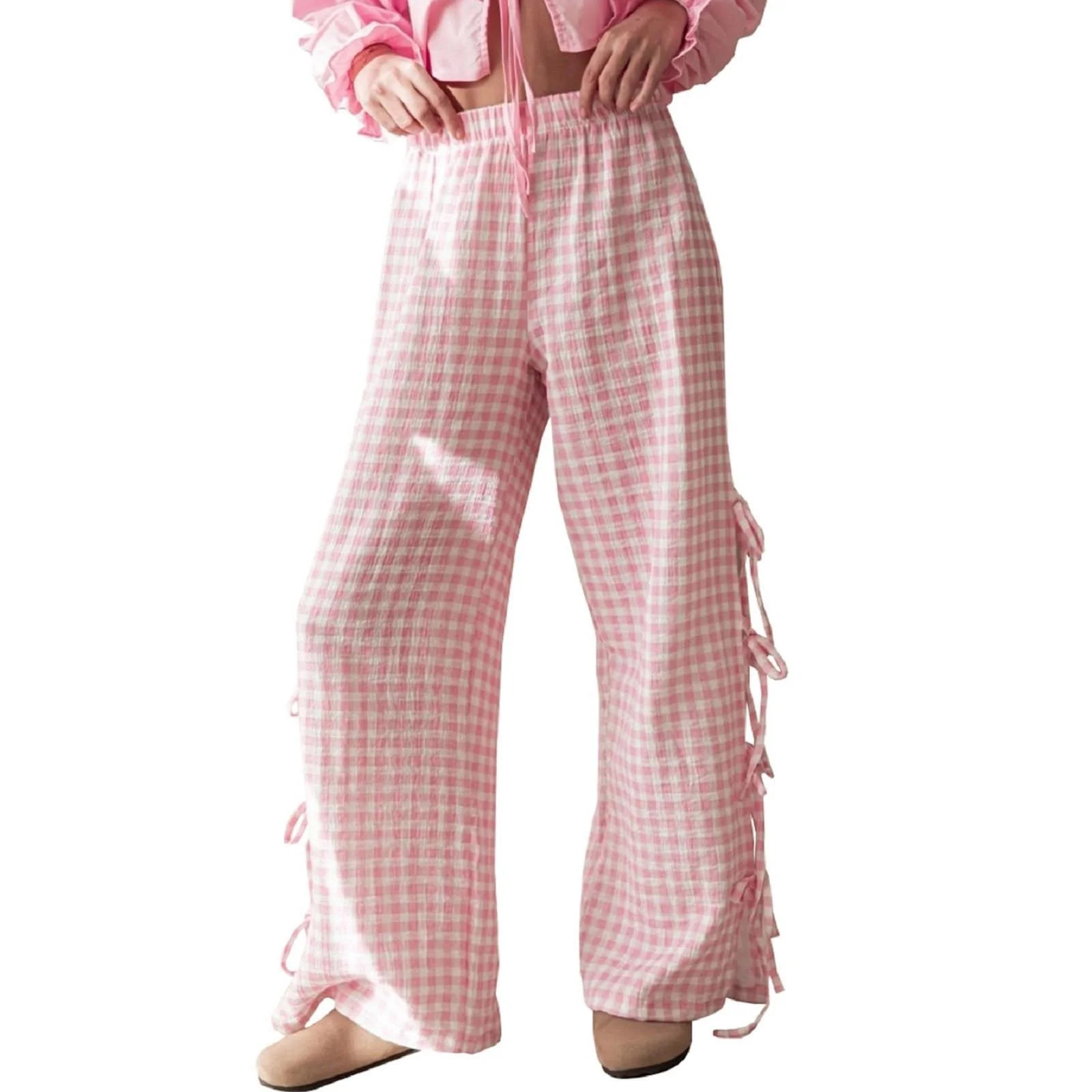 CHWGFWL Womens Pants Women's Plaid Wide Leg Pants Summer Mid Rise Gingham Pants Comfy Pajama Pant... | Walmart (US)