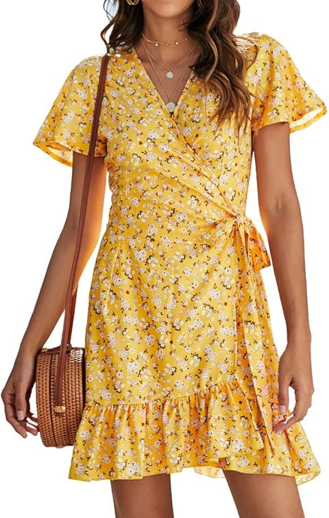 Naggoo Women's Summer Wrap V Neck Polka Dot Print Ruffle Short Sleeve Mini Floral Dress with Belt | Amazon (US)
