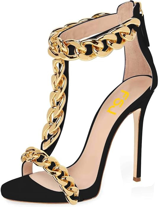FSJ Women Open Toe Ankle Straps Sandals High Heels Pumps Stilettos T-Straps Golden Metal Chains Z... | Amazon (US)