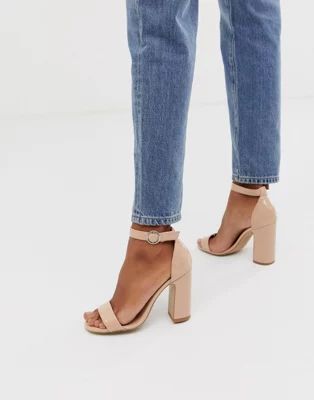 New Look barely there block heeled sandal in beige patent | ASOS UK