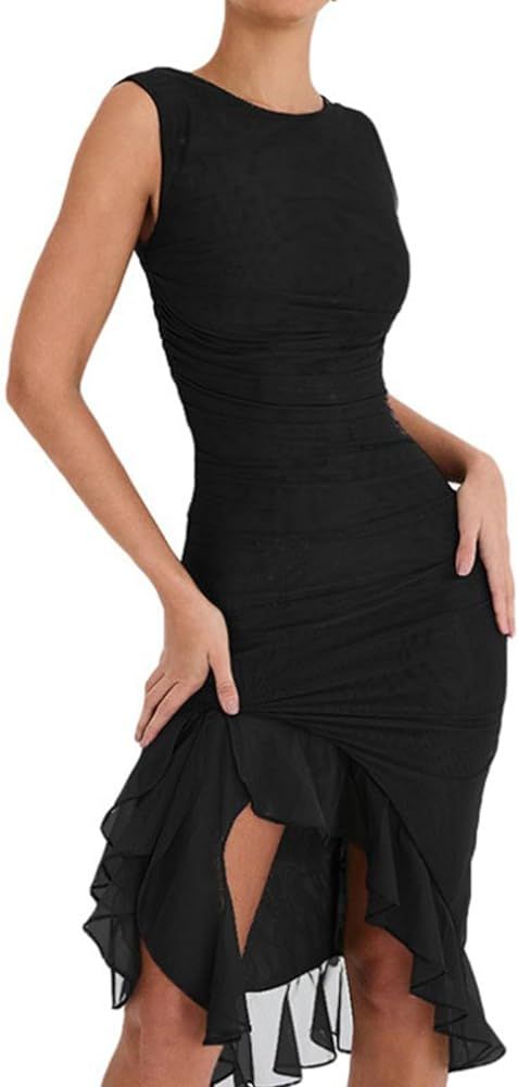 ODIZLI Y2k Black Dress Women Sheer Dress Ruffle Midi Dress Old Money Dresses for Women Y2K Aesthe... | Amazon (US)